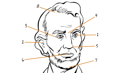 An illustration of Lincoln's head with the numbers 1-8 pointing to various parts